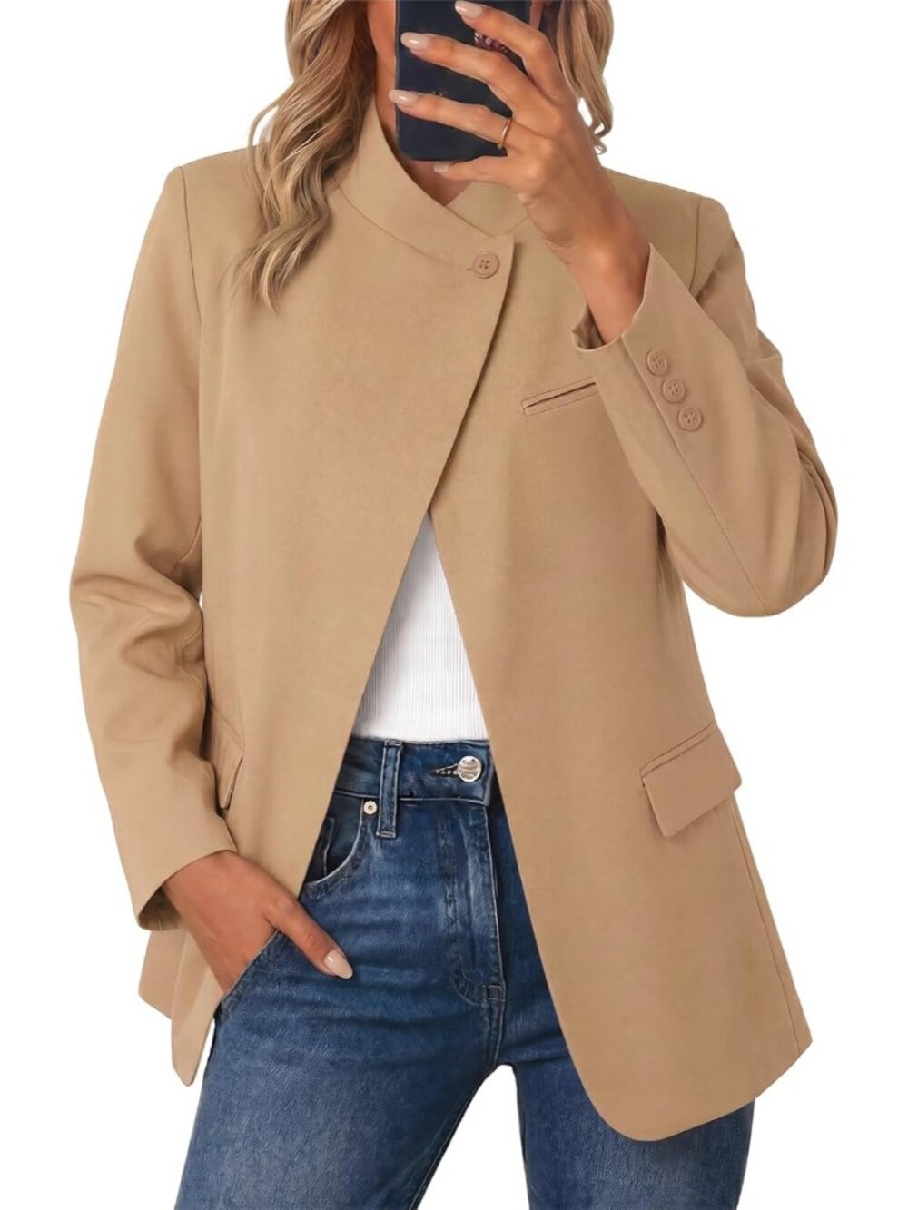 Women's Dark Khaki Plaid Blazer Business Stand Collar Open Front Suit Jackets